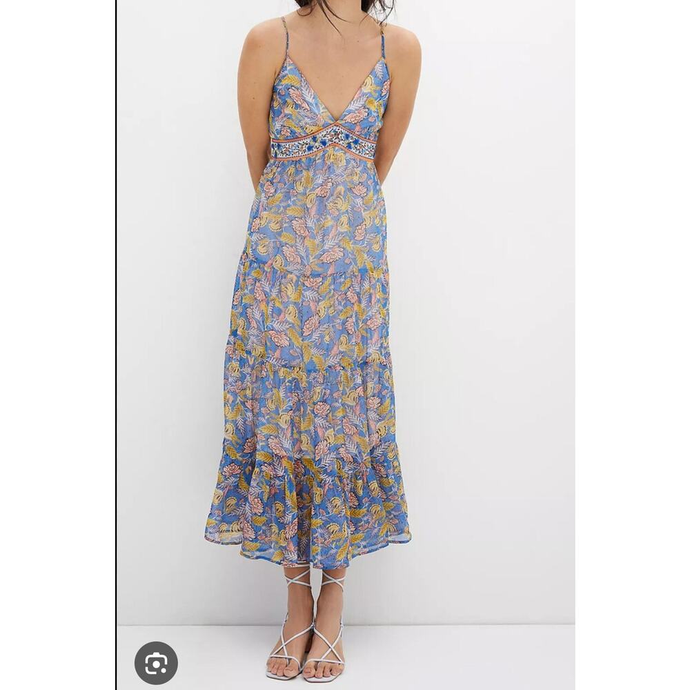 Floral Blue V-Neck Spaghetti Strap Midi Dress